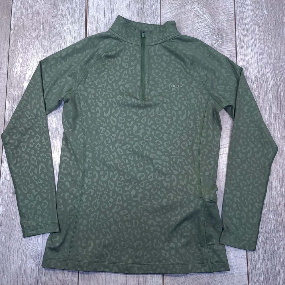 Aubrion Base Layer Top Womens Medium Green Leopard Print Quarter Zip Equestrian
